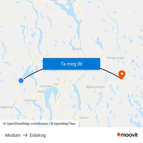 Modum to Eidskog map