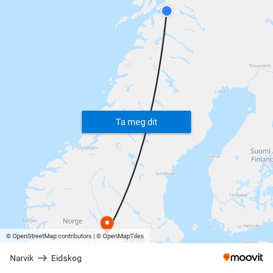 Narvik to Eidskog map