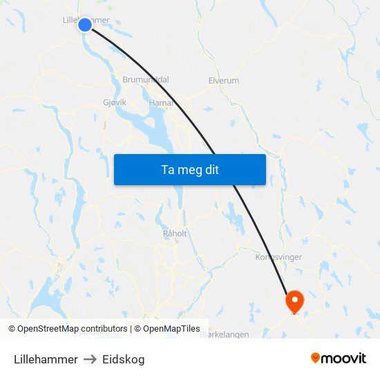 Lillehammer to Eidskog map