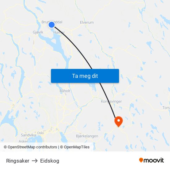 Ringsaker to Eidskog map