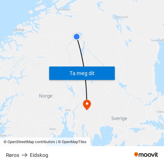 Røros to Eidskog map