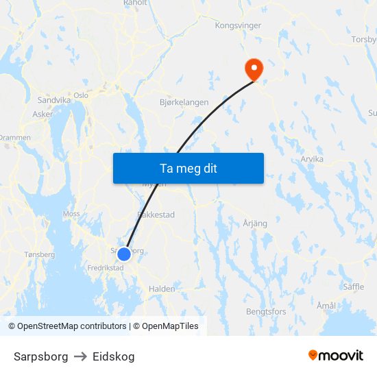 Sarpsborg to Eidskog map