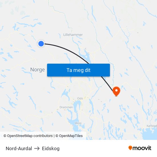 Nord-Aurdal to Eidskog map