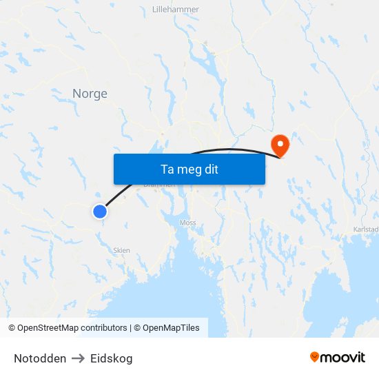 Notodden to Eidskog map
