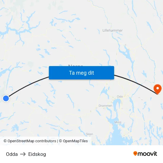 Odda to Eidskog map