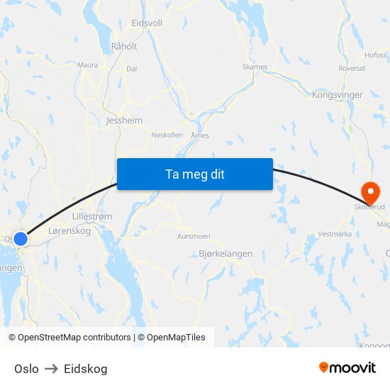 Oslo to Eidskog map