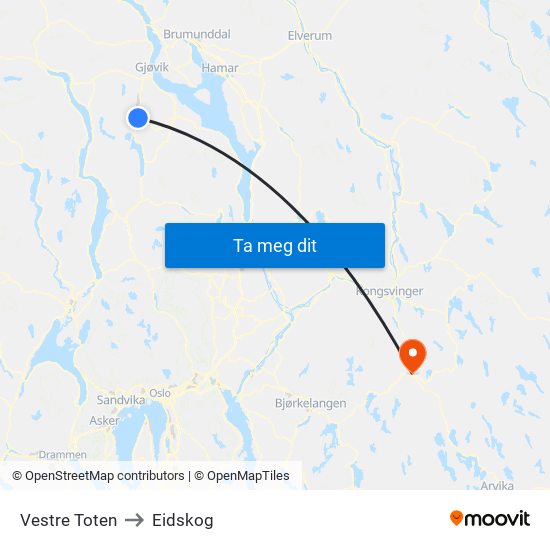 Vestre Toten to Eidskog map