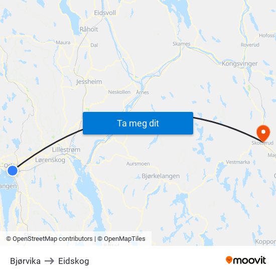 Bjørvika to Eidskog map