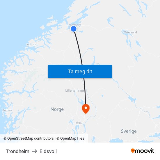 Trondheim to Eidsvoll map