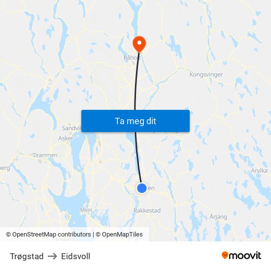 Trøgstad to Eidsvoll map