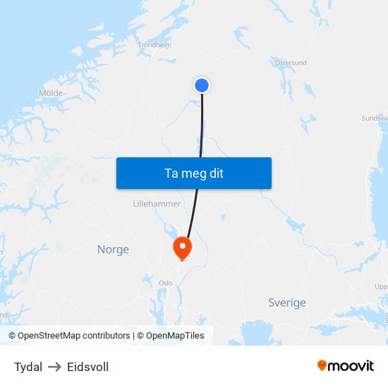 Tydal to Eidsvoll map