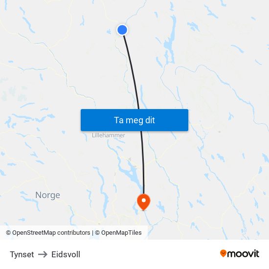 Tynset to Eidsvoll map