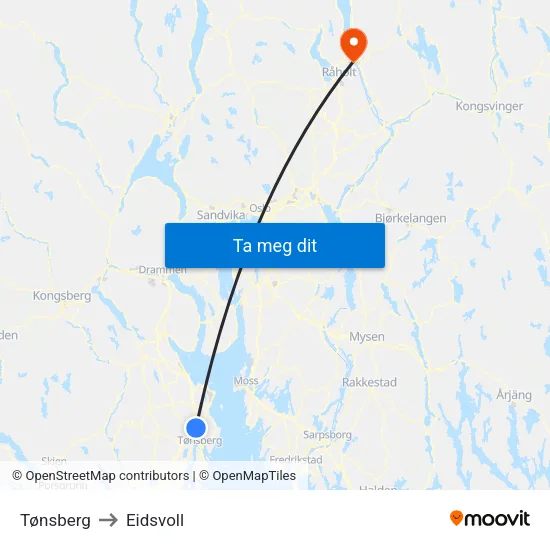 Tønsberg to Eidsvoll map