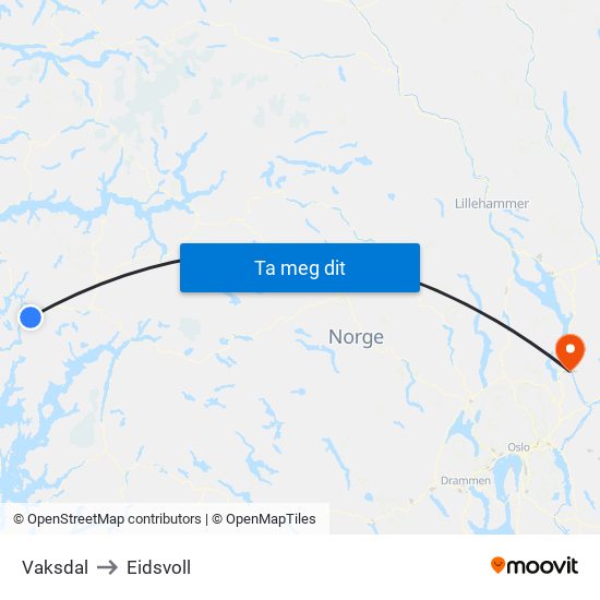 Vaksdal to Eidsvoll map