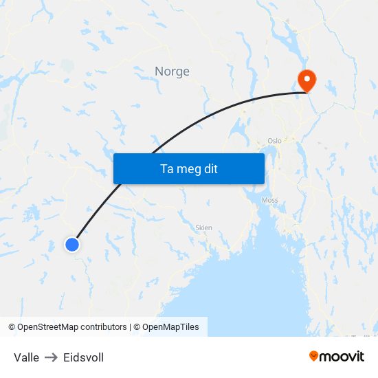 Valle to Eidsvoll map