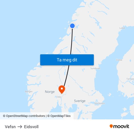 Vefsn to Eidsvoll map