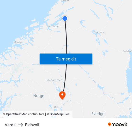 Verdal to Eidsvoll map