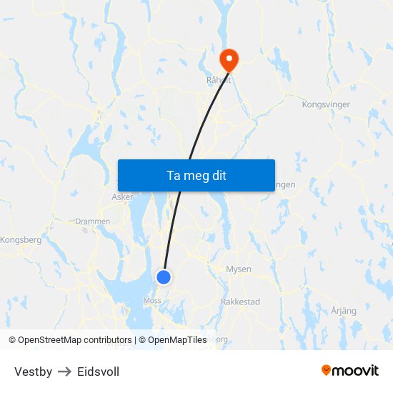 Vestby to Eidsvoll map