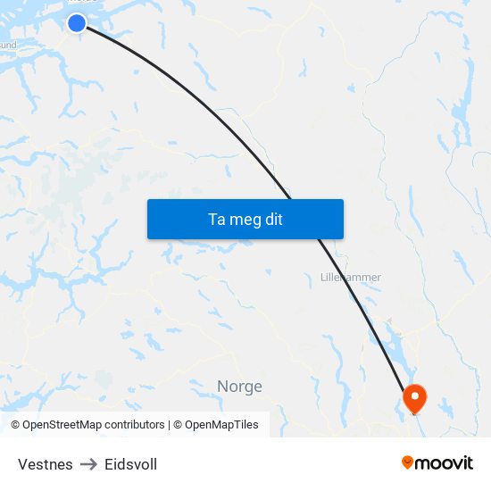 Vestnes to Eidsvoll map