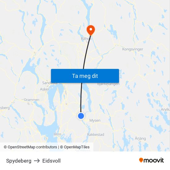 Spydeberg to Eidsvoll map