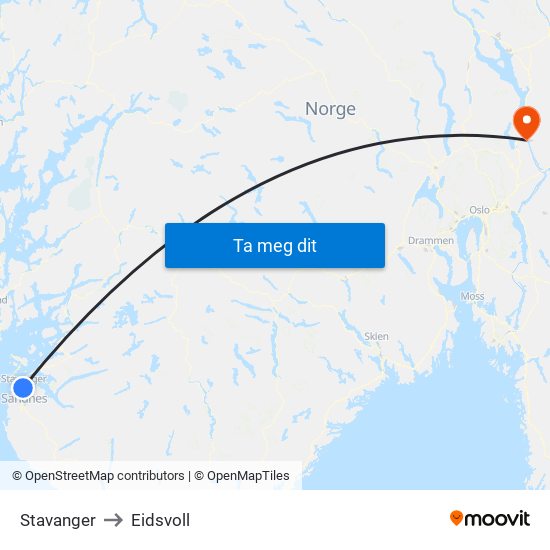 Stavanger to Eidsvoll map