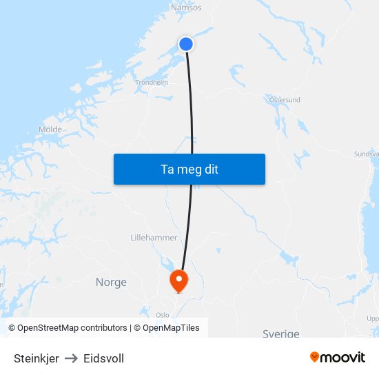 Steinkjer to Eidsvoll map