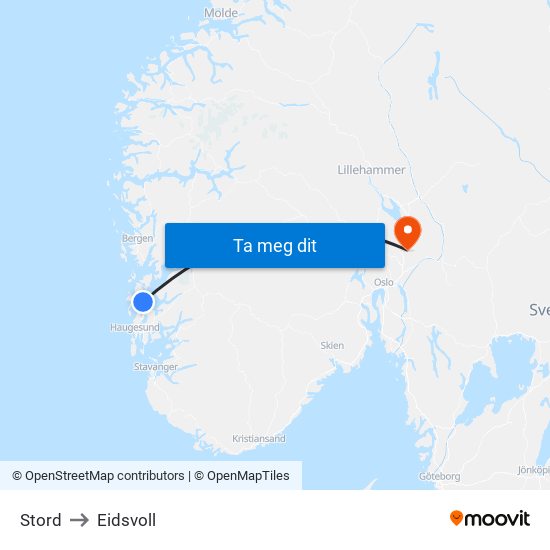 Stord to Eidsvoll map