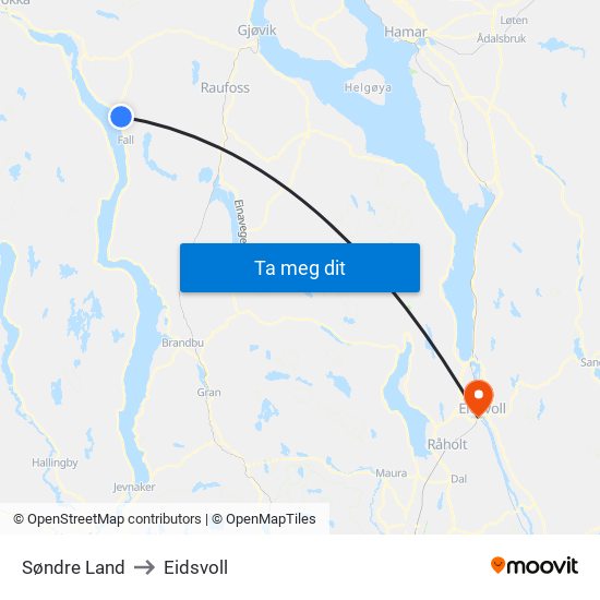 Søndre Land to Eidsvoll map