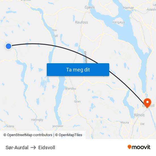 Sør-Aurdal to Eidsvoll map