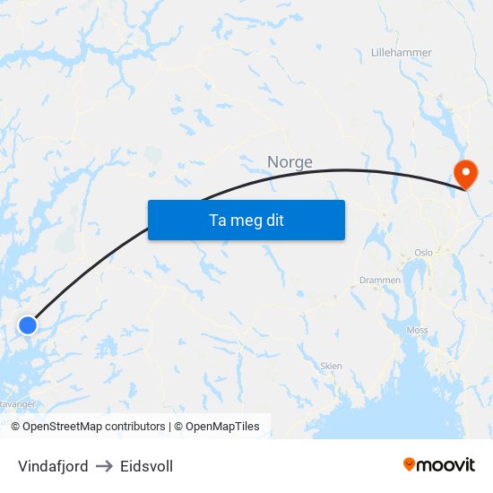 Vindafjord to Eidsvoll map