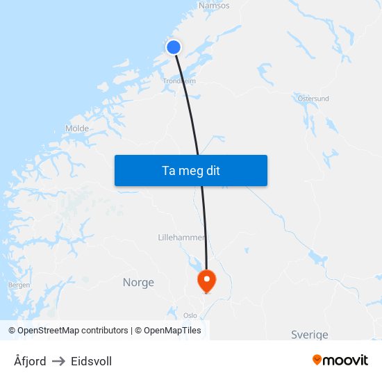 Åfjord to Eidsvoll map