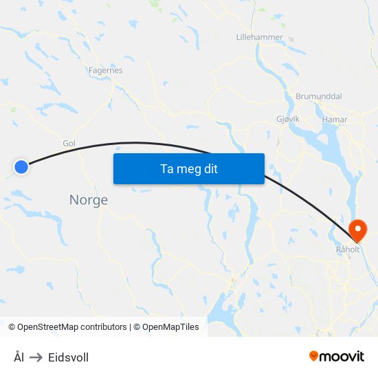 Ål to Eidsvoll map