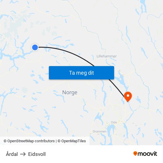 Årdal to Eidsvoll map