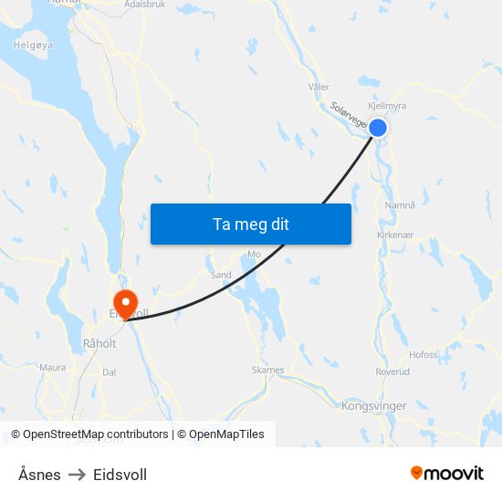 Åsnes to Eidsvoll map