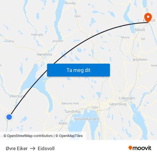 Øvre Eiker to Eidsvoll map