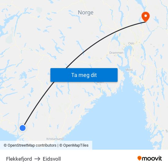 Flekkefjord to Eidsvoll map