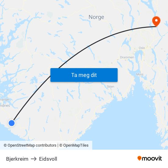 Bjerkreim to Eidsvoll map