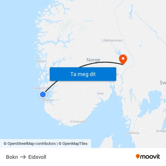 Bokn to Eidsvoll map