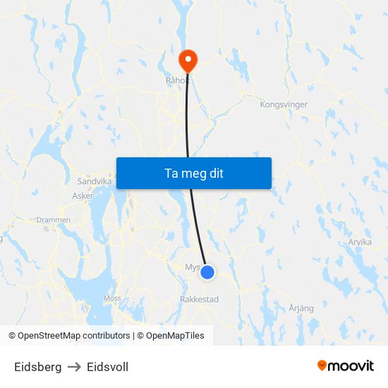 Eidsberg to Eidsvoll map