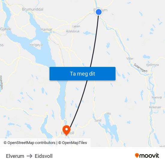 Elverum to Eidsvoll map