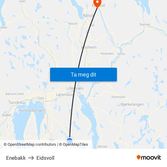 Enebakk to Eidsvoll map