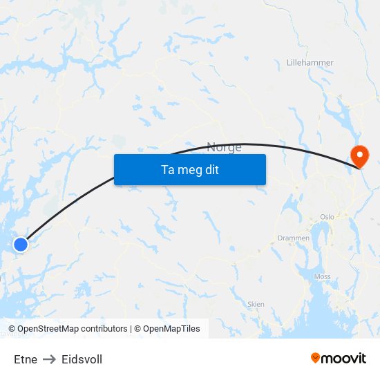 Etne to Eidsvoll map