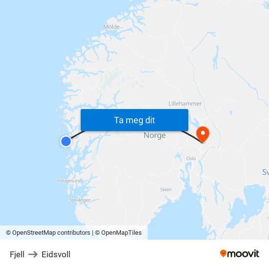 Fjell to Eidsvoll map
