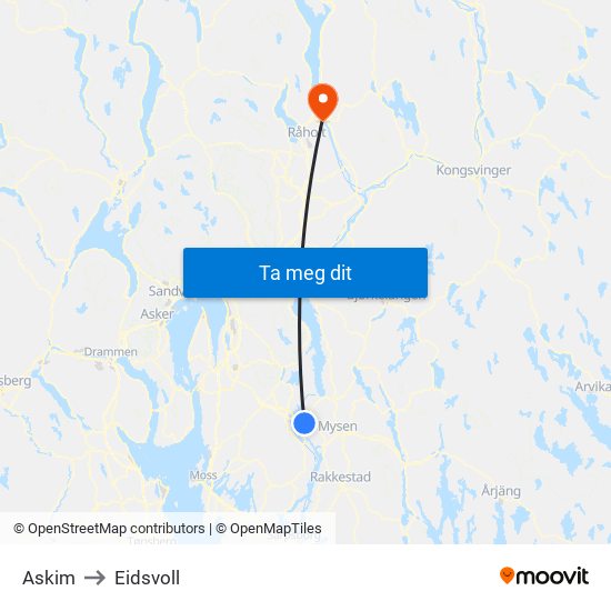 Askim to Eidsvoll map