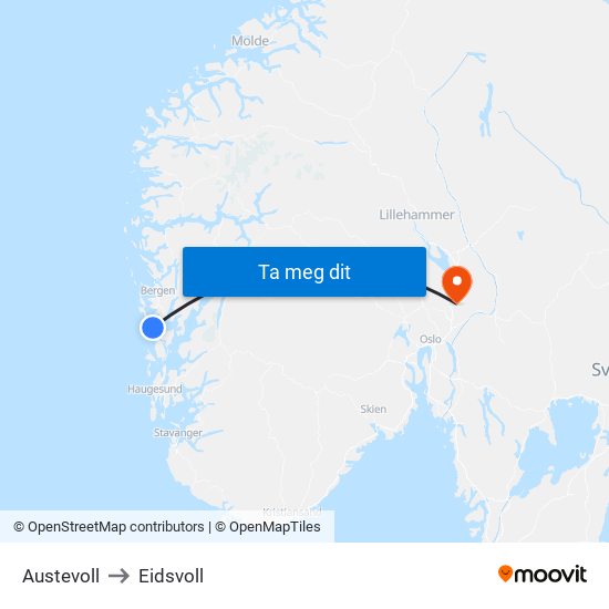 Austevoll to Eidsvoll map