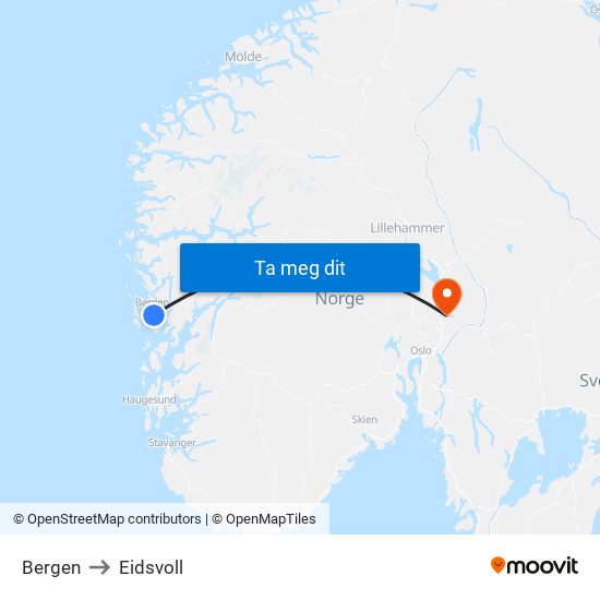 Bergen to Eidsvoll map