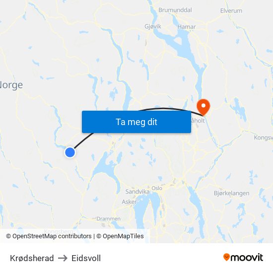 Krødsherad to Eidsvoll map