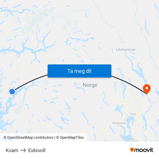 Kvam to Eidsvoll map