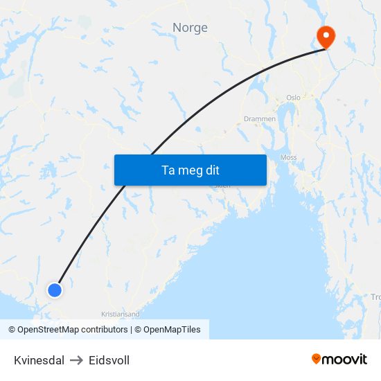 Kvinesdal to Eidsvoll map