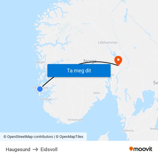 Haugesund to Eidsvoll map